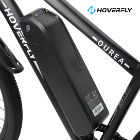 Hoverfly Ourea E-Bike's Removable Battery Pack for Convenient Charging & Storage.