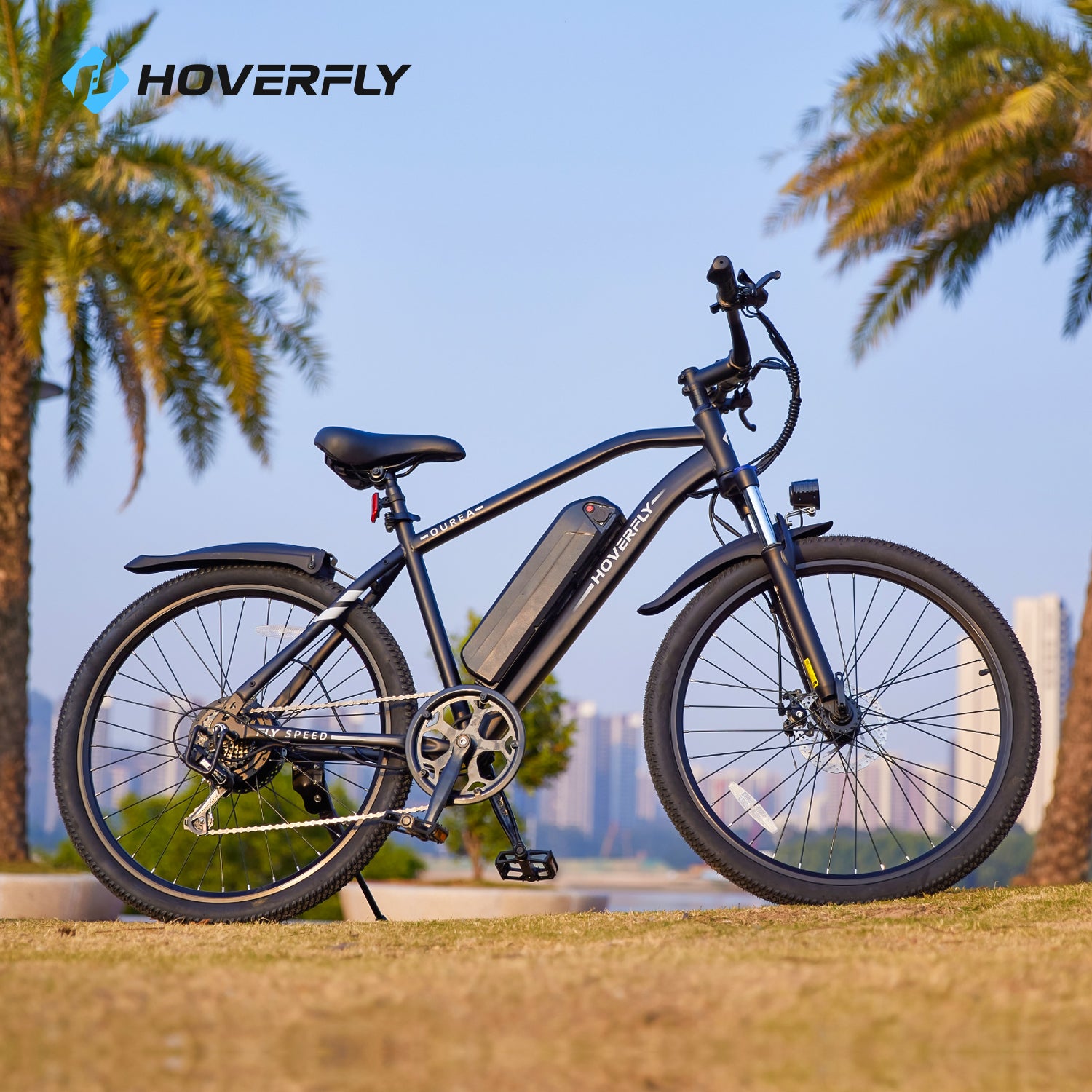 Hoverfly Ourea E-Bike Parked Gracefully on a Flat Park Trail.