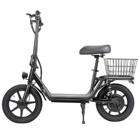 Side profile of the Hoverfly Z5 electric scooter in black, showcasing its 14-inch wheels, adjustable seat, and dual rear suspension for a smooth and comfortable ride.