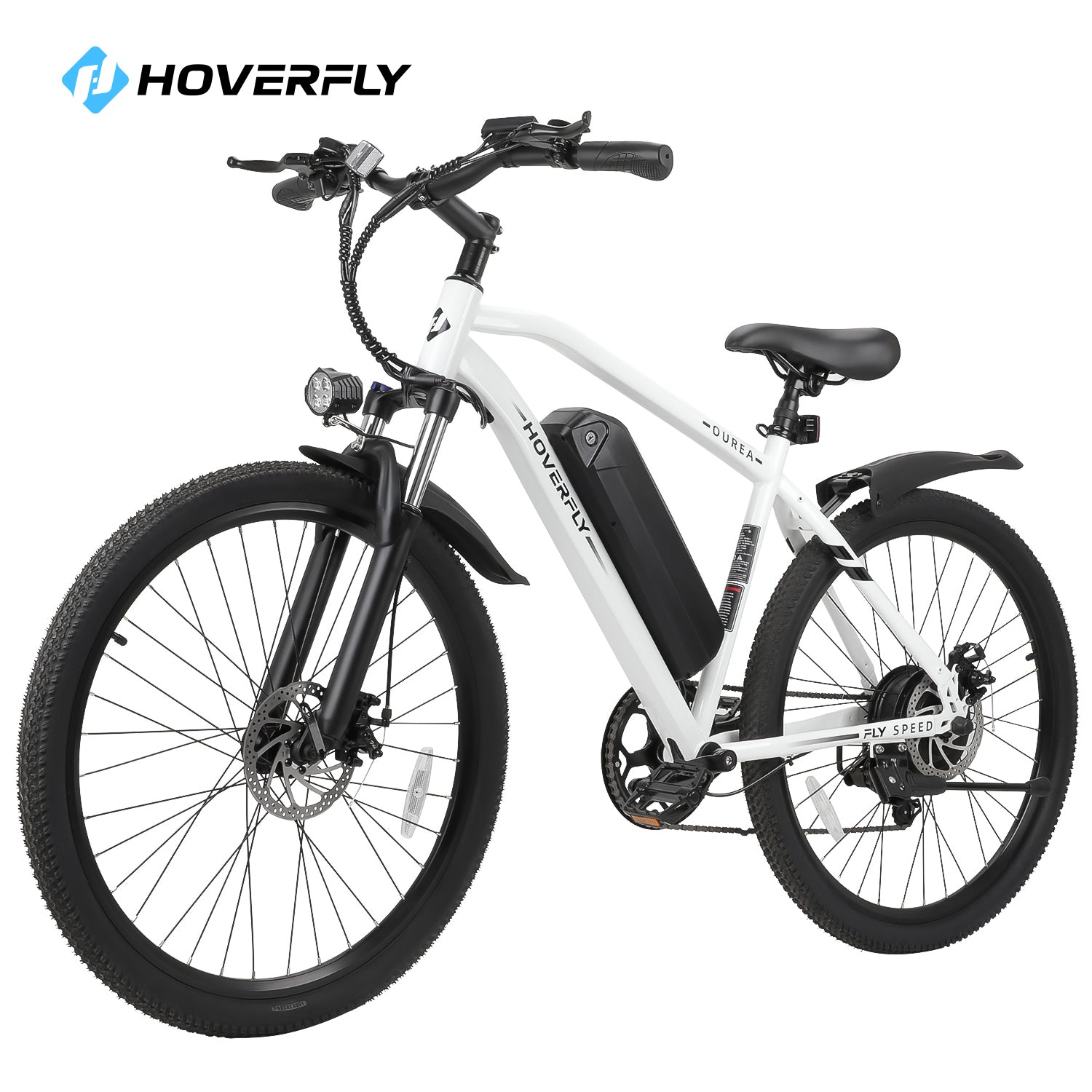 Hoverfly Ourea Commuter Electric Bike in Pristine White, Showcasing Its Sleek Design and Powerful 500W Motor. Perfect for Commuting and Adventure, This Electric Bike Offers Unparalleled Versatility and Style.
