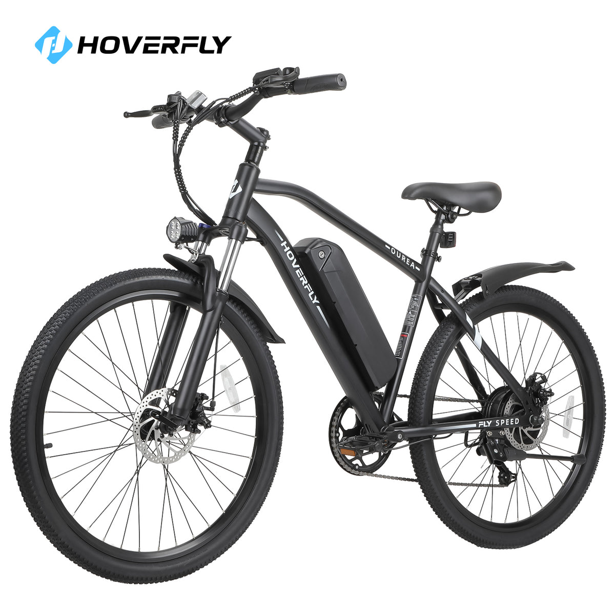 Hoverfly Ourea Commuter Electric Bike in Sophisticated Black, Showcasing Its Sleek Design and Powerful 500W Motor. Perfect for Commuting and Adventure, This Electric Bike Offers Unparalleled Versatility and Style.