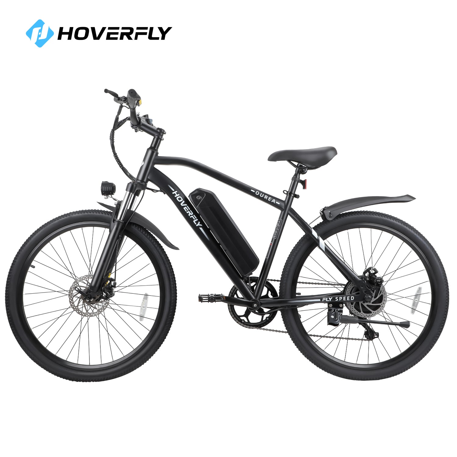 Hoverfly Ourea Commuter Electric Bike in Sophisticated Black, Displaying Its Sturdy 26" Tires and Adjustable Front Suspension Fork. Designed for Smooth Riding Across Any Terrain, This Bike is Equipped with a Detachable Battery for Effortless Recharging.