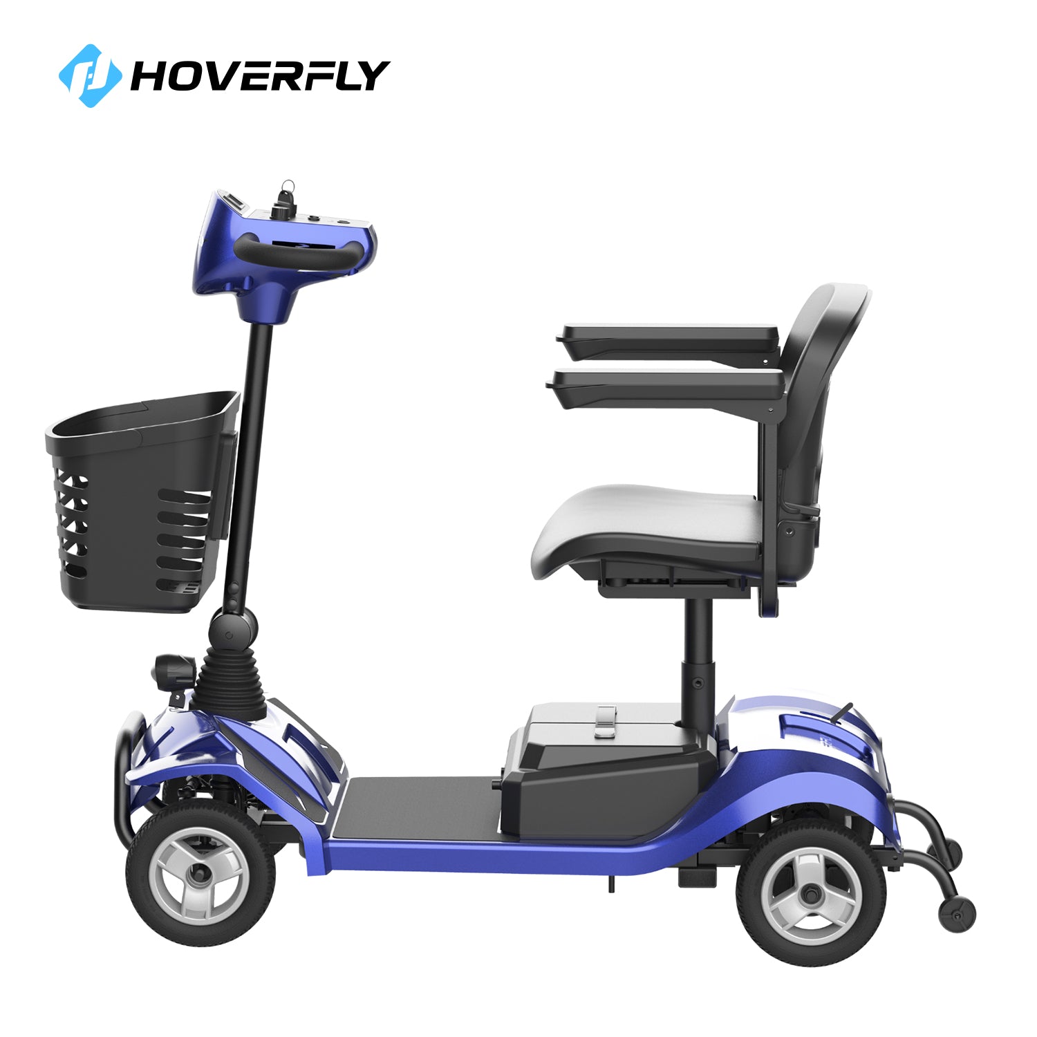 Blue Hoverfly T4 Scooter, Side Profile Showing Maneuverability and Durable Wheels.