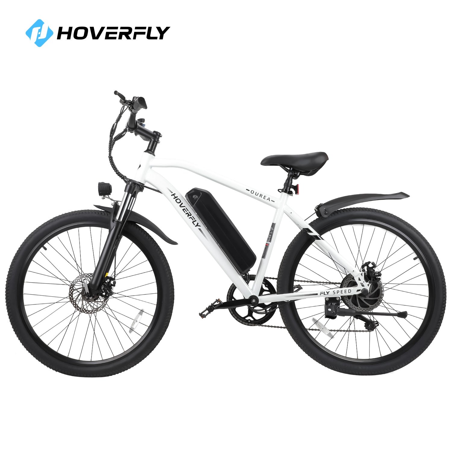 Hoverfly Ourea Commuter Electric Bike in White, Displaying Its Sturdy 26" Tires and Adjustable Front Suspension Fork. Designed for Smooth Riding Across Any Terrain, This Bike is Equipped with a Detachable Battery for Effortless Recharging.