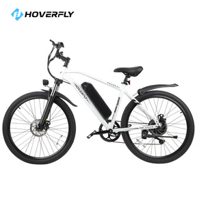 Hoverfly Ourea Commuter Electric Bike in White, Displaying Its Sturdy 26" Tires and Adjustable Front Suspension Fork. Designed for Smooth Riding Across Any Terrain, This Bike is Equipped with a Detachable Battery for Effortless Recharging.