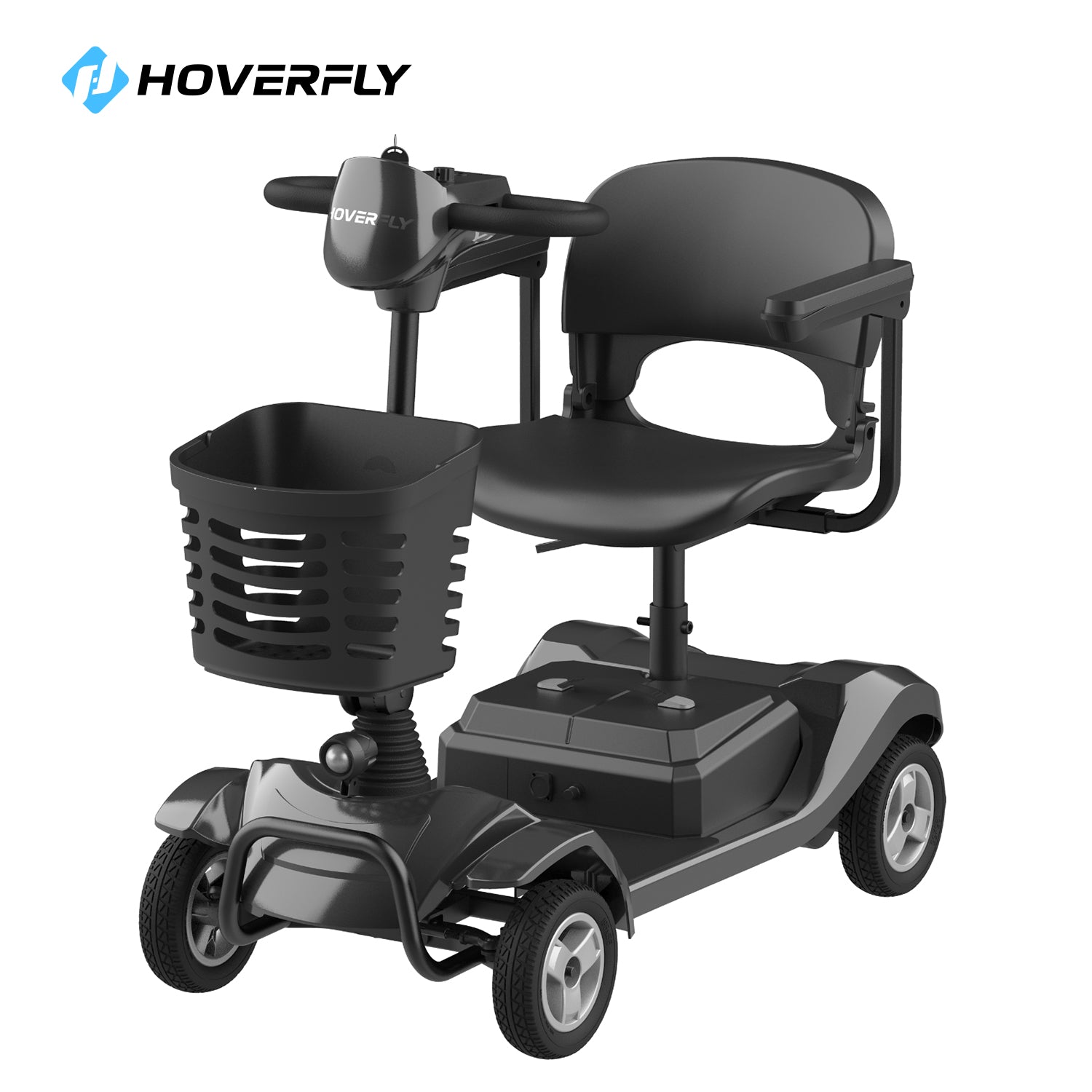 Classic Black Hoverfly T4 Electric Mobility Scooter, Front Perspective Showcasing Sophisticated Look and User-Friendly Controls.